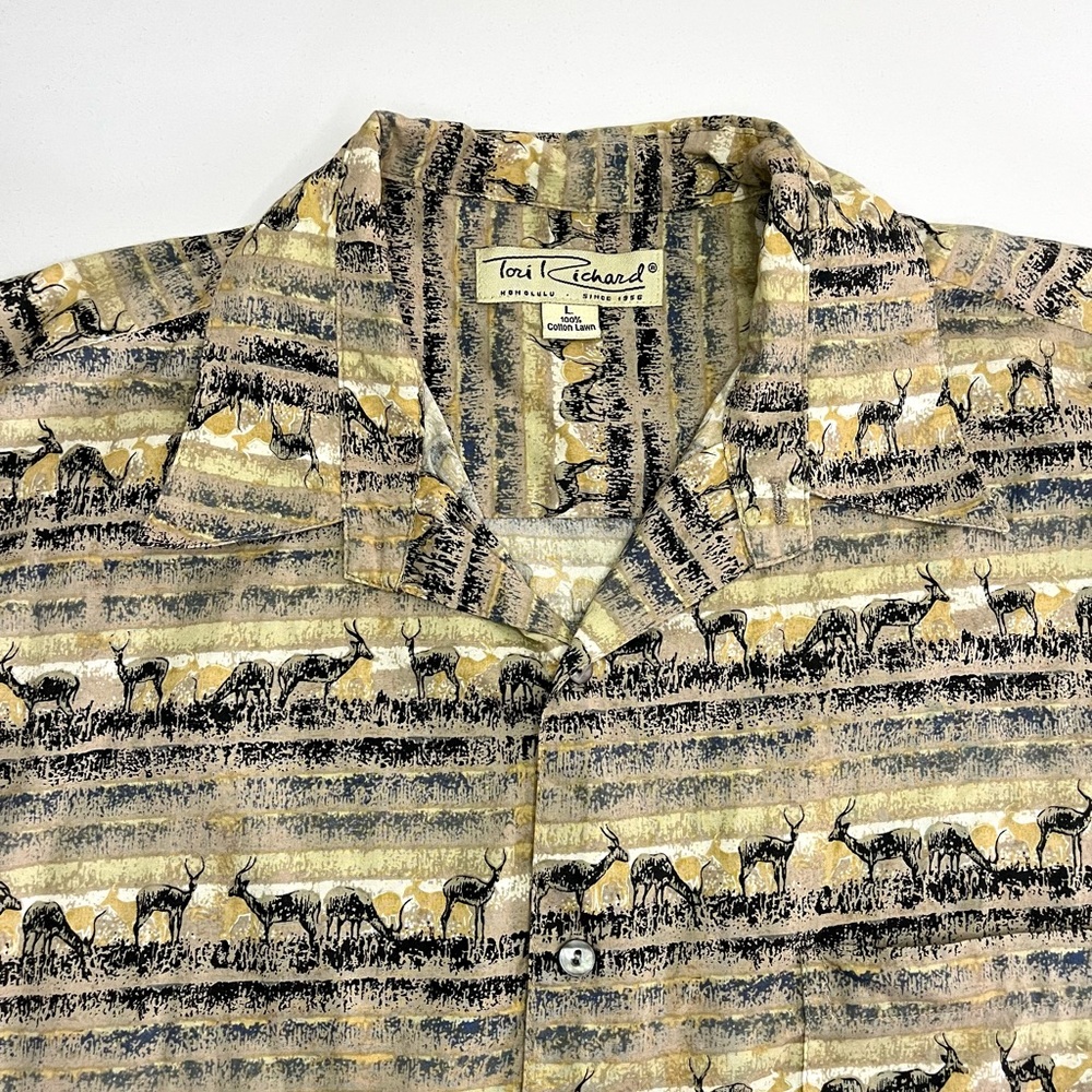 VTG Tori Richard Hawaiian Shirt Mens Sz L Beige Floral Animal Print Cotton Lawn